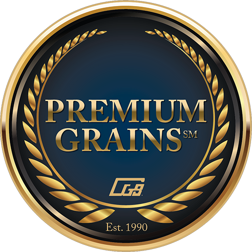 blue and gold Premium Grains seal logo